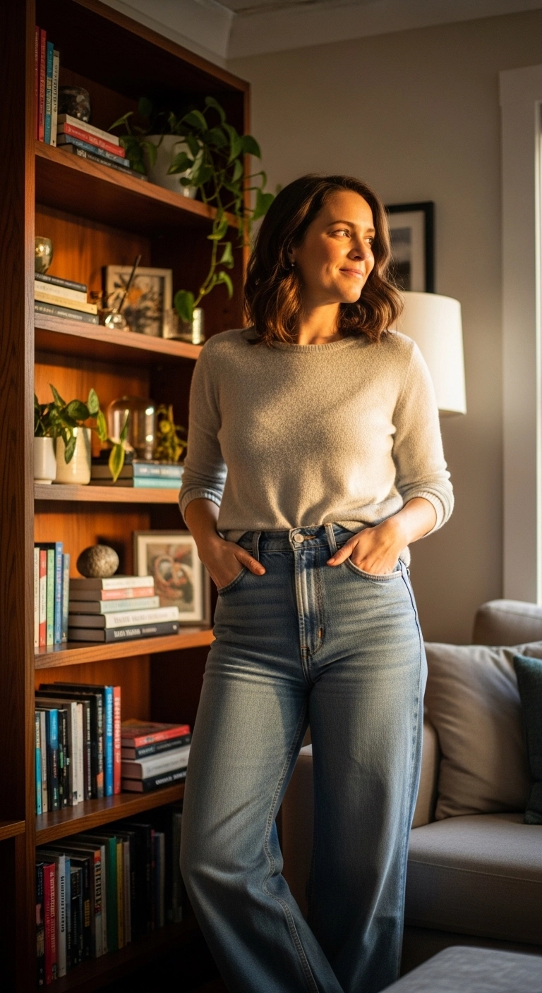 Wide leg jeans outfit styled with a sweater and front tuck for a relaxed everyday look