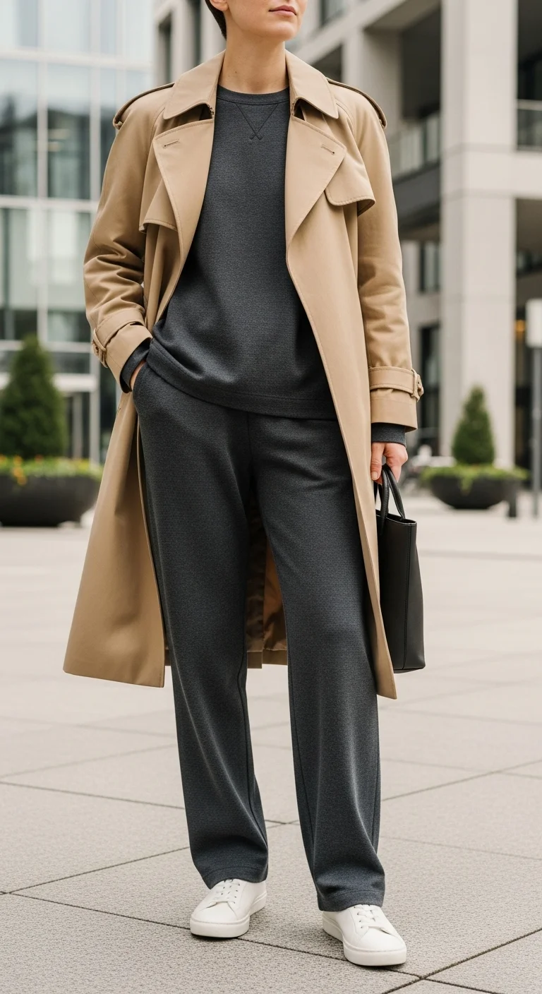 Casual trench coat outfit ideas styled with a matching set