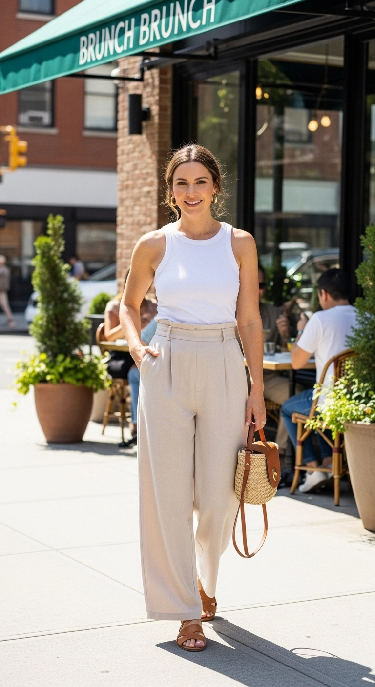 Wide-leg pants and simple top styled as relaxed brunch outfits.