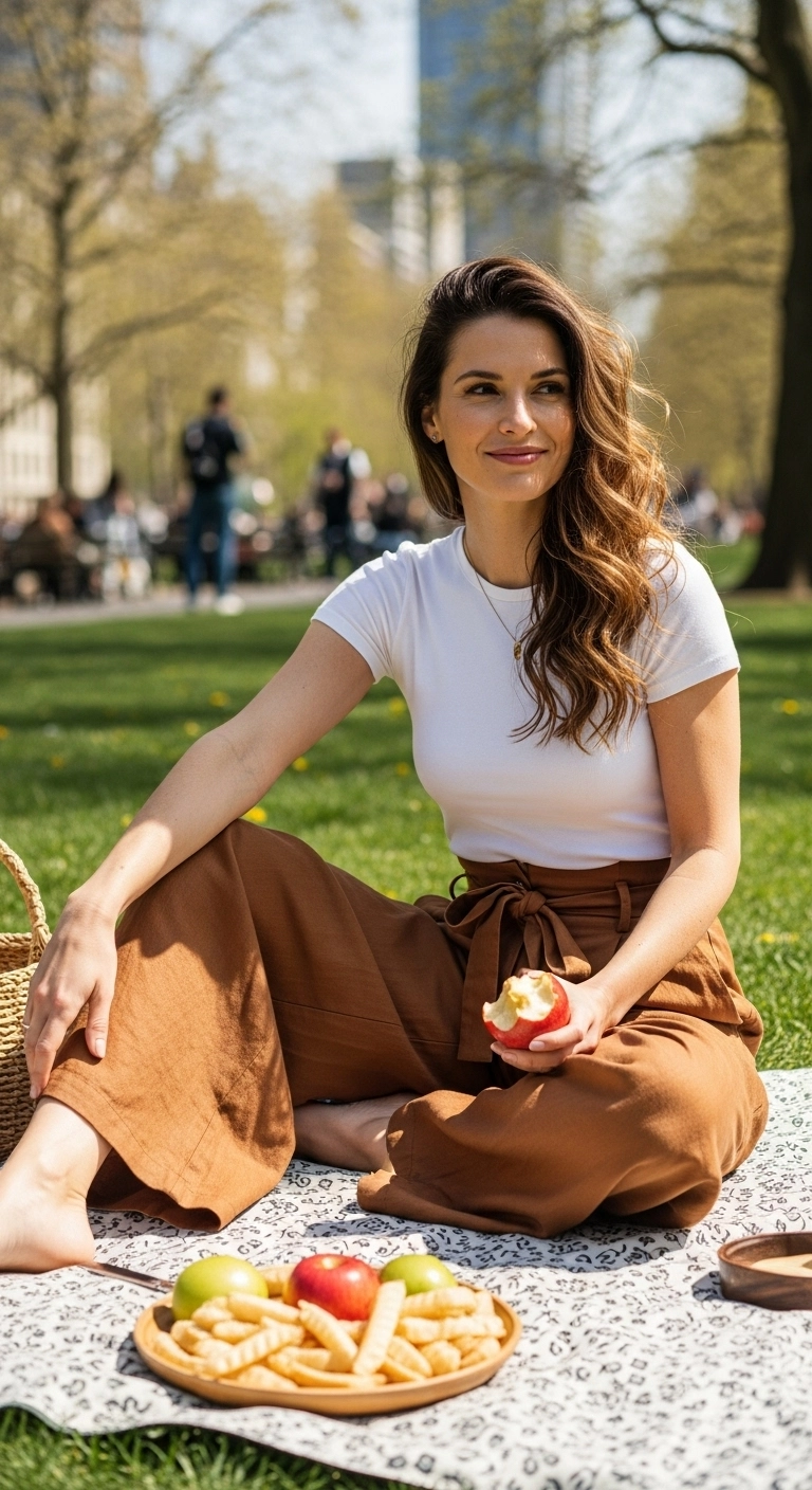 Wide-leg pants with a fitted tee worn at a park picnic, showing modern picnic outfit ideas.