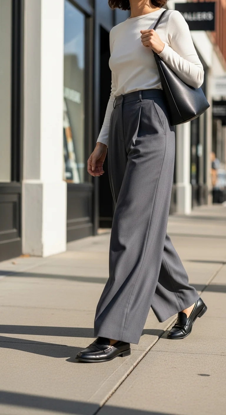Loafers outfit with wide-leg trousers and a slim top