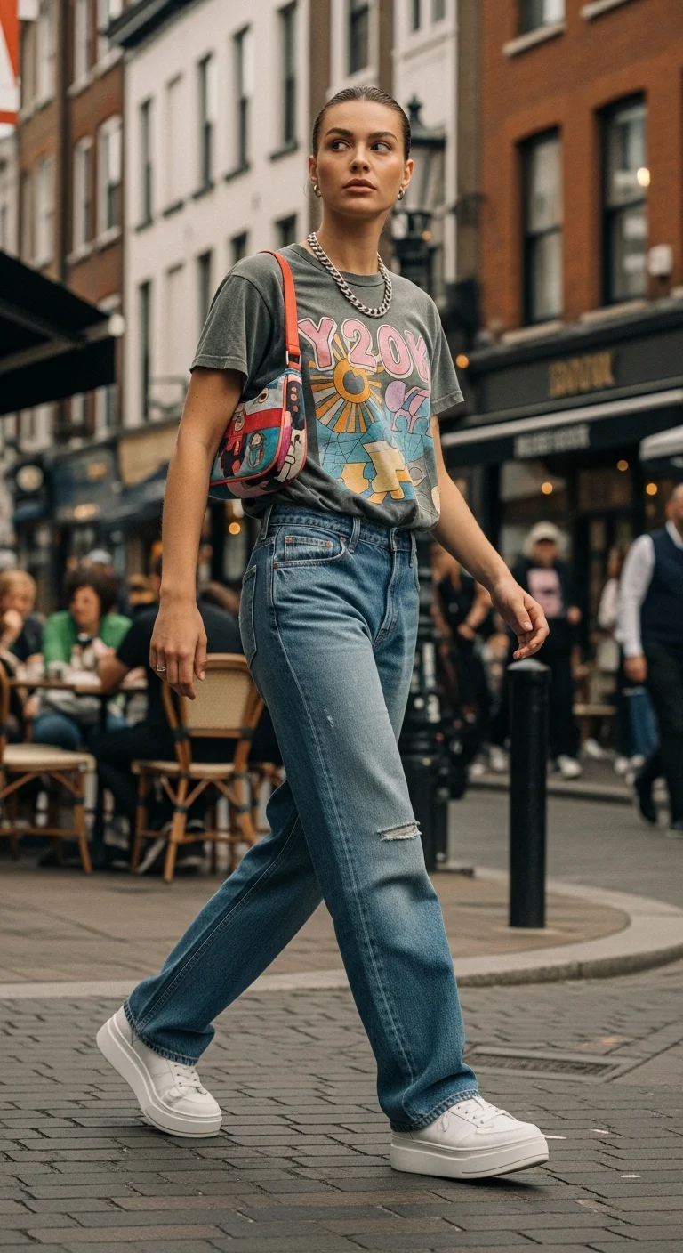 y2k outfits styled with graphic tee and relaxed fit jeans