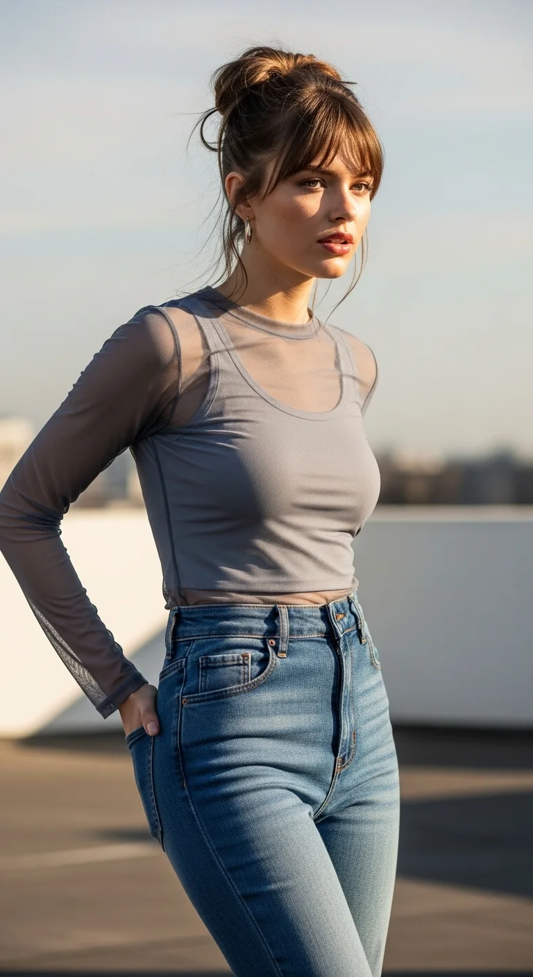 y2k outfits with mesh top layered over simple basics