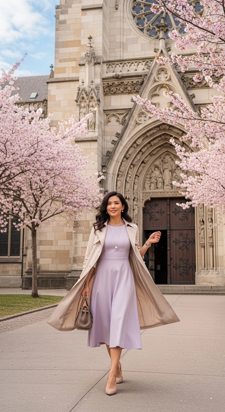Spring church outfits 2026 with A-line midi dress and light trench coat