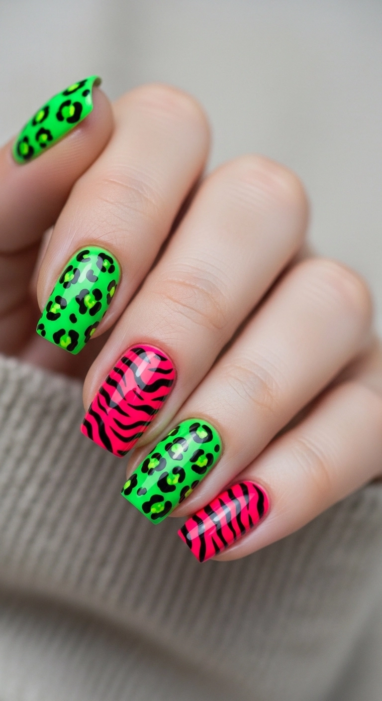 bright summer nails ideas with neon animal print nail designs