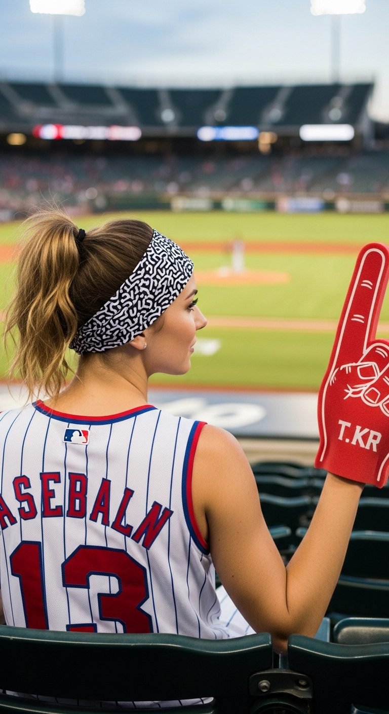 Woman wearing athletic headband hairstyle at baseball stadium showing baseball game hairstyles.