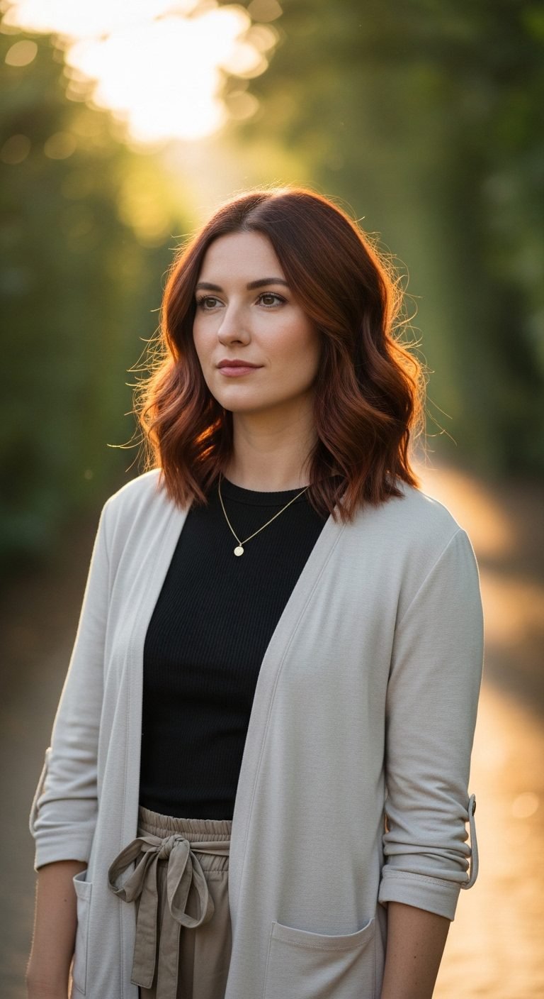 Woman with natural auburn hairstyle representing subtle and elegant Red Hair Color Ideas.