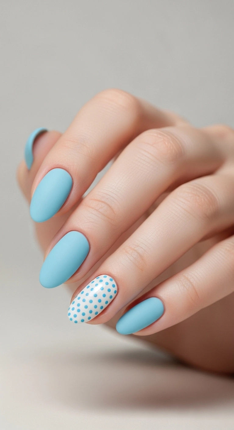 Hand with baby blue matte summer nails and subtle white polka dot accent.