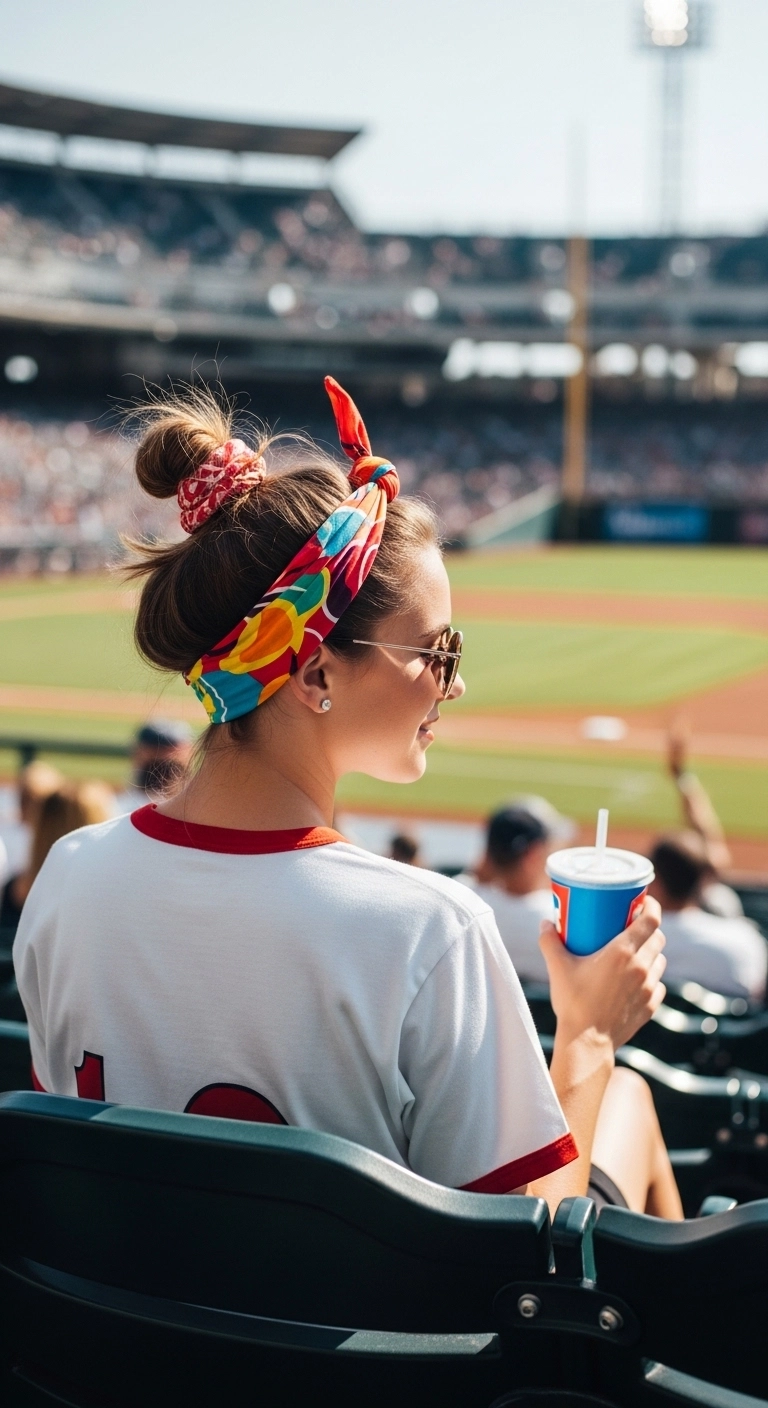 Woman wearing bandana wrap hairstyle at stadium showing baseball game hairstyles.