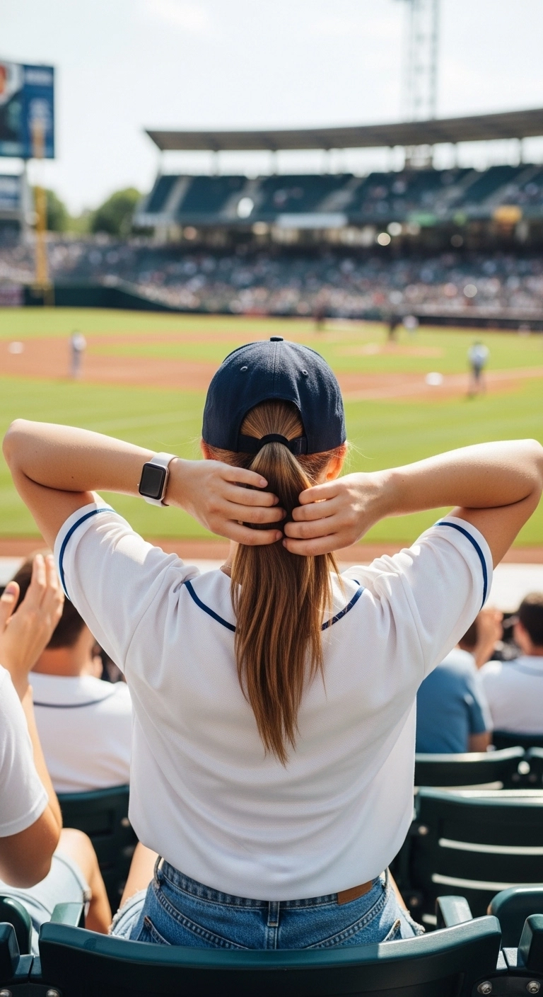 Woman wearing a baseball cap ponytail at a stadium showing a sporty example of baseball game hairstyles.