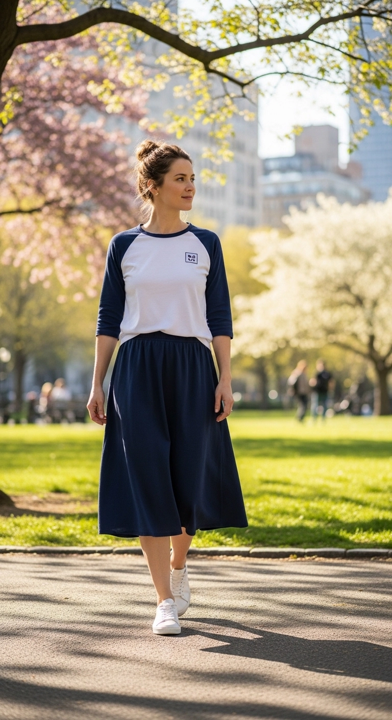 Comfy spring outfits 2026 with baseball tee and relaxed skirt