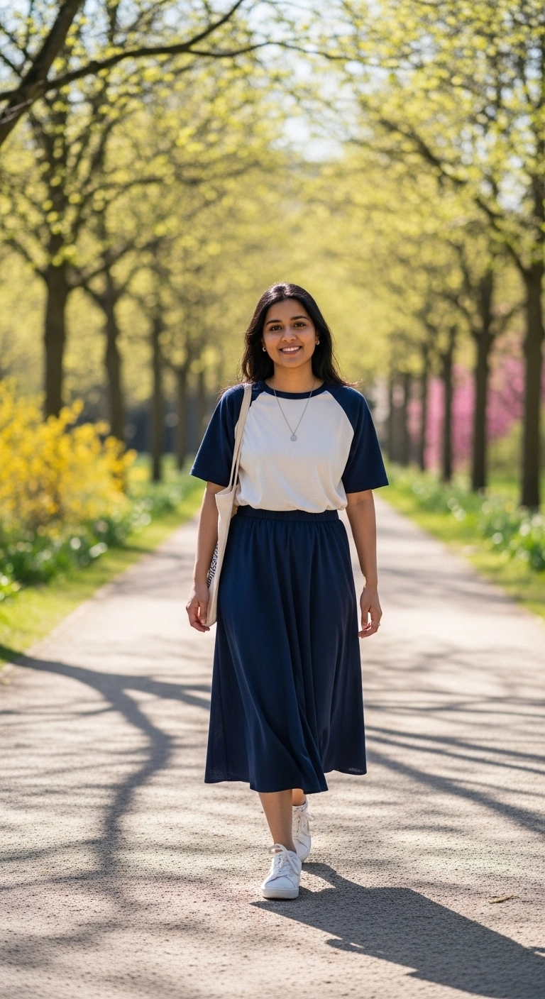 Modest spring outfits 2026 with baseball tee and relaxed midi skirt