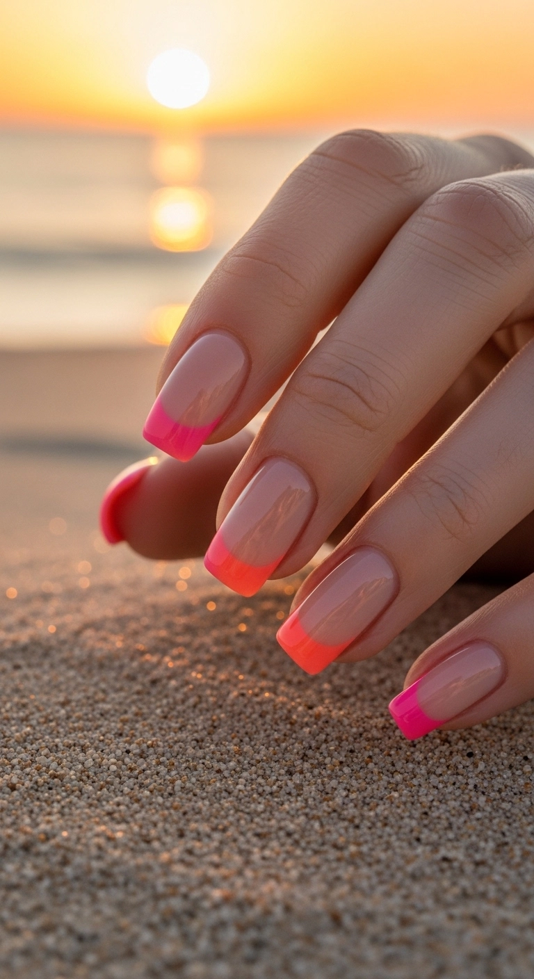 hot summer nails ideas beach sunset French fade nails in coral and pink