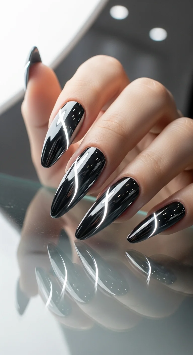 black chrome nails reflective finish for black summer nails ideas futuristic look