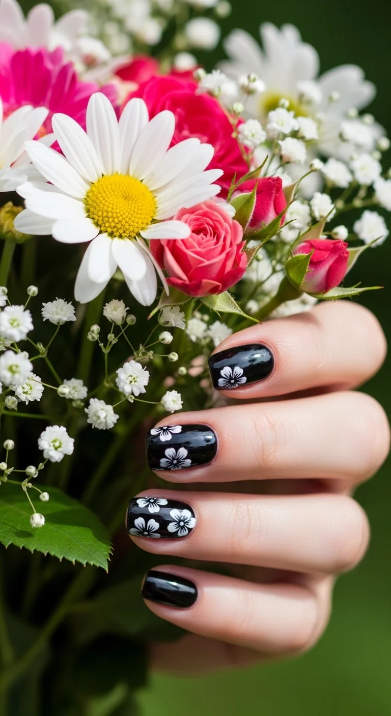 black floral nail art for black summer nails ideas with delicate flowers