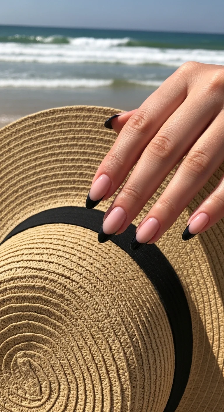 black French tip nails for black summer nails ideas with nude base and bold tips