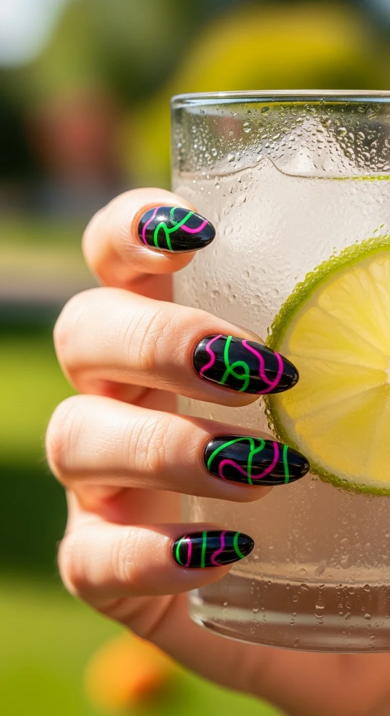 black nails with neon accents for black summer nails ideas bright contrast