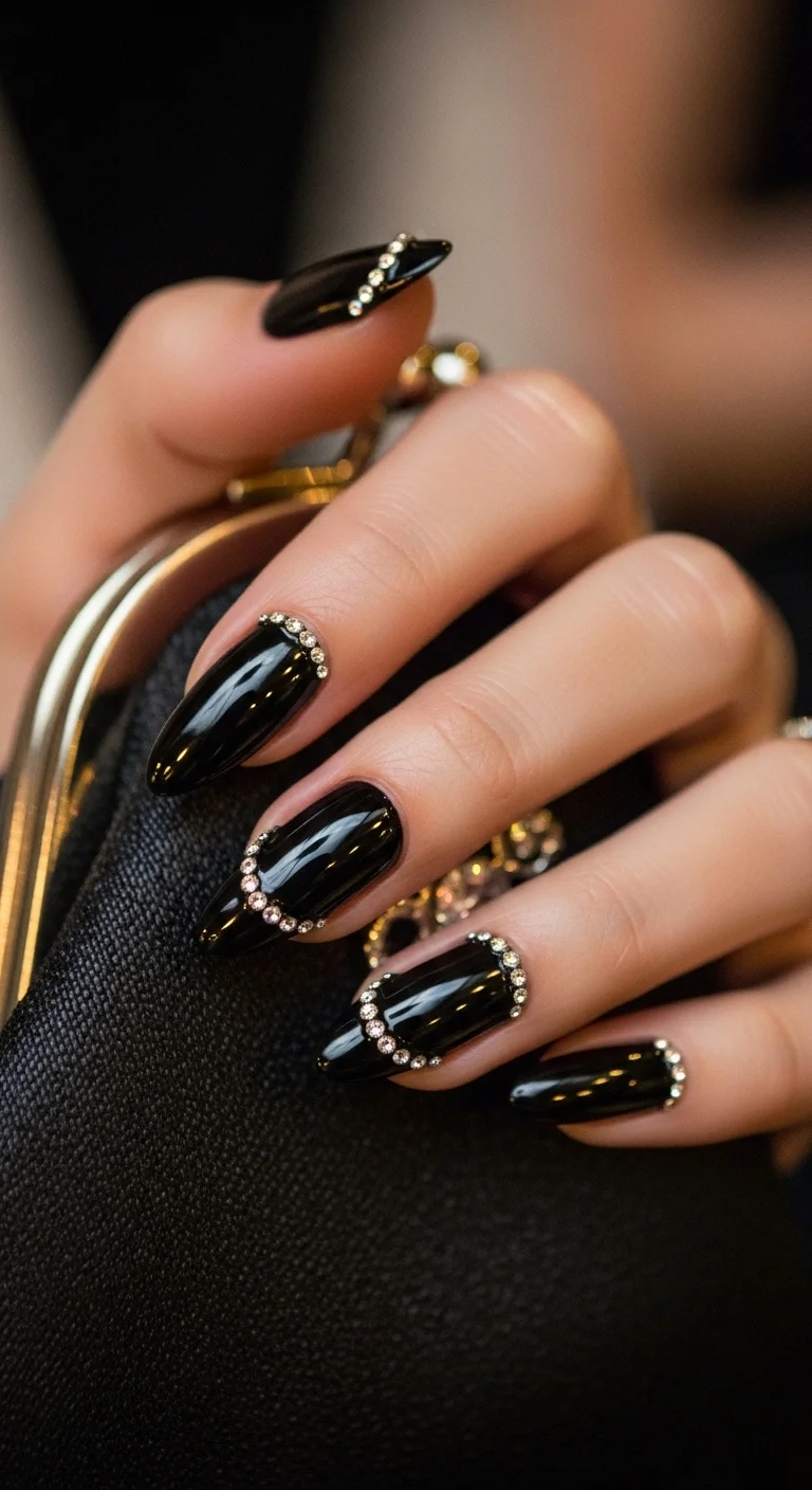 black rhinestone nails for black summer nails ideas with crystal accents