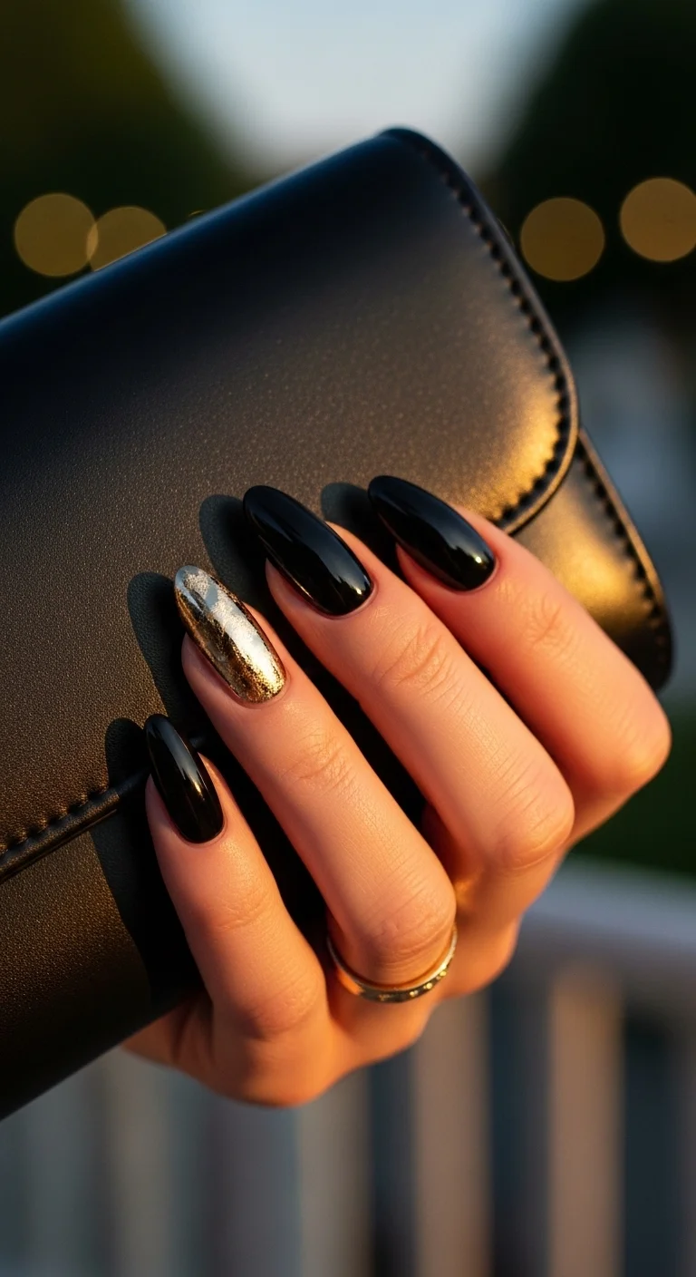 black and gold accent nails for black summer nails ideas with metallic foil detail