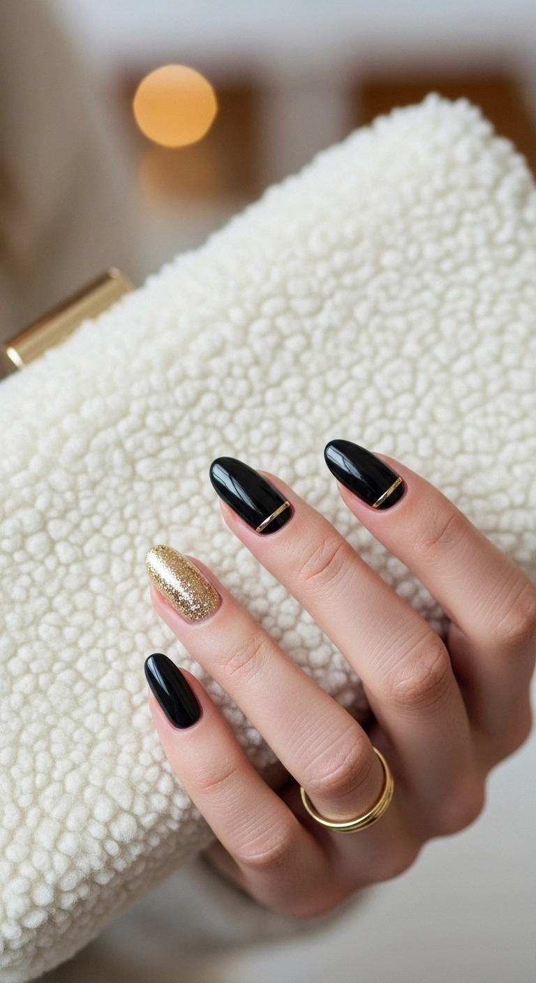 Black and gold short nails winter design