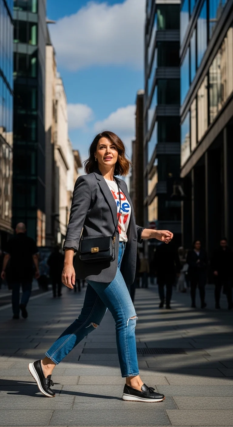 Blazer with graphic tee and jeans casual fall outfits for women in autumn 2025