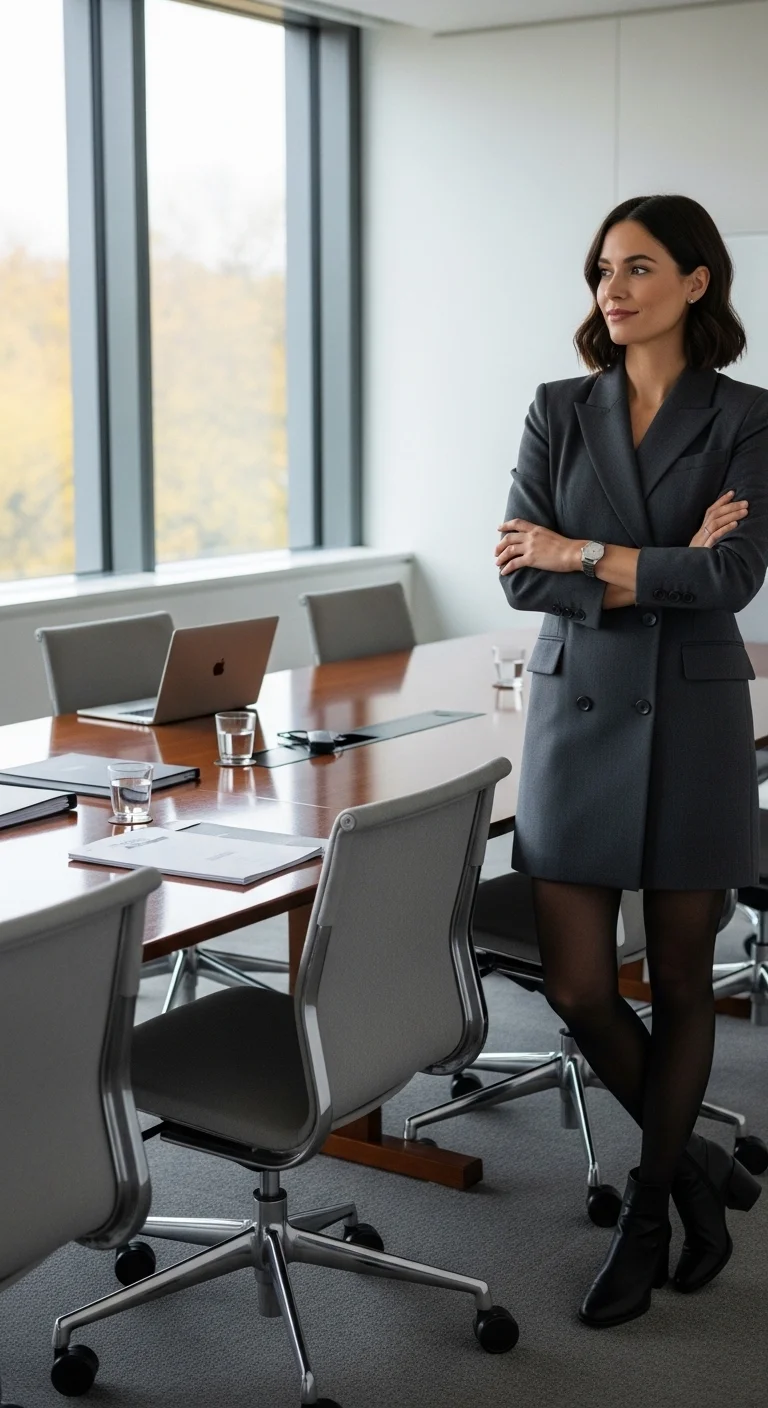 Woman in blazer dress and tights for fall business casual outfits for women in 2025