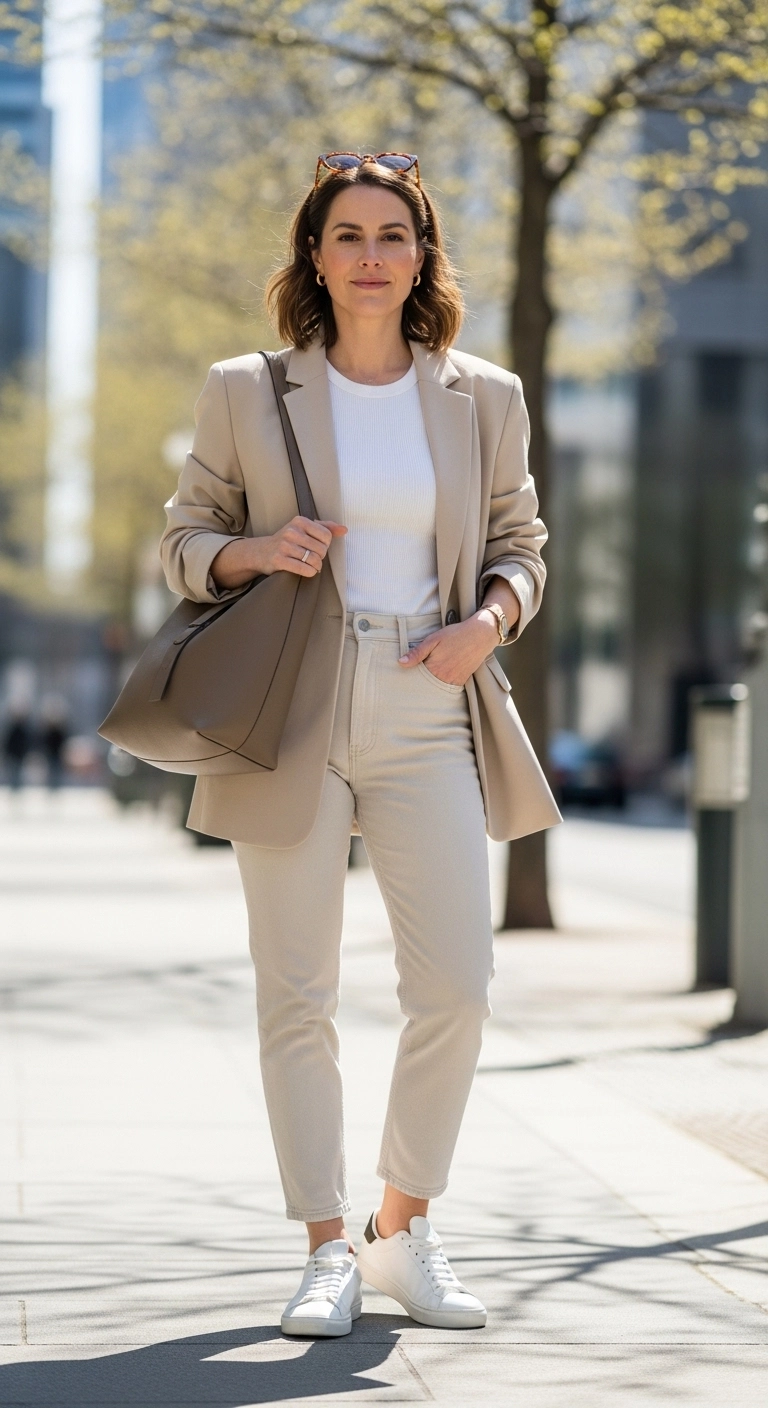 Comfy spring outfits 2026 with relaxed blazer white tank and ecru jeans