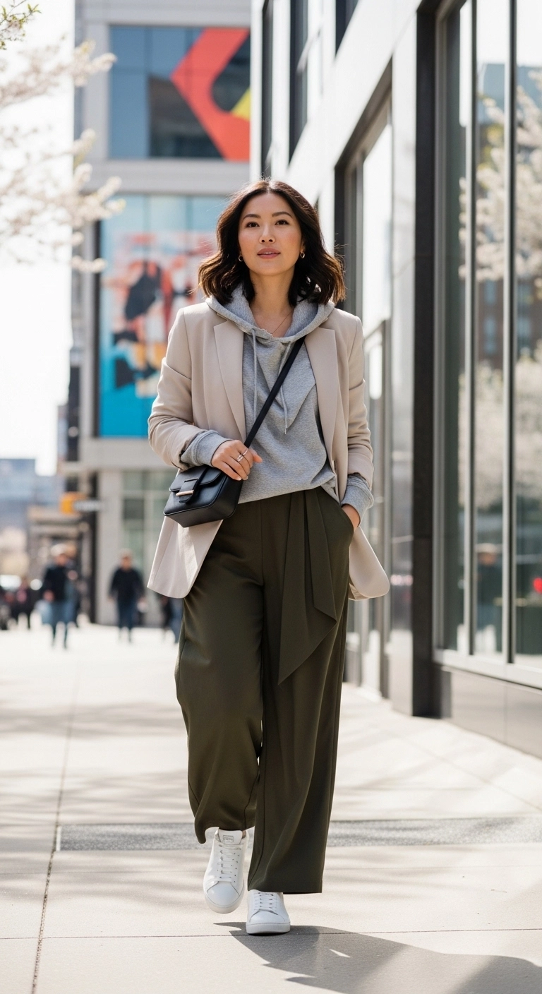 Warm spring outfits for women 2026 with relaxed blazer, hoodie, and wide-leg pants