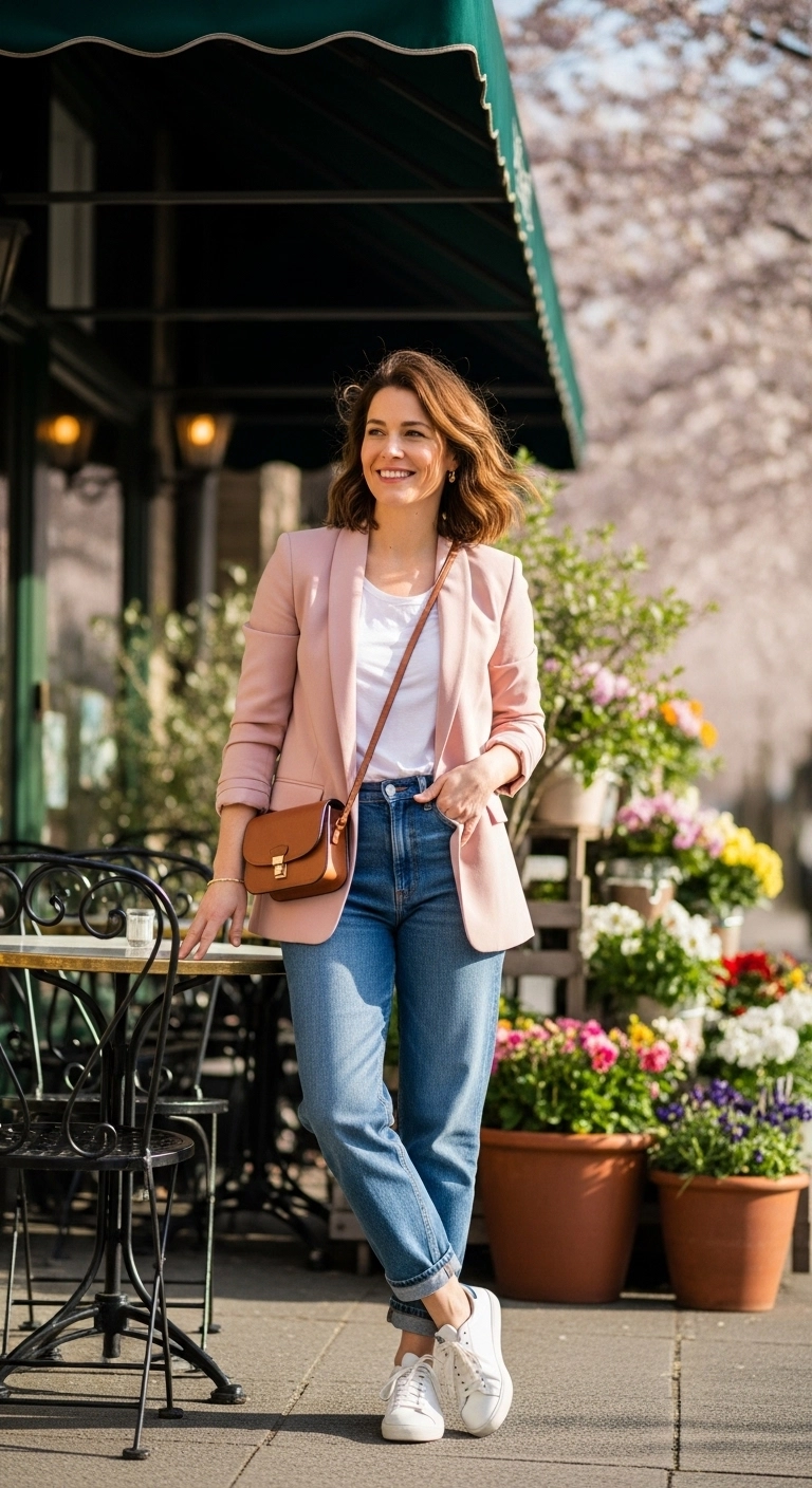cute spring outfit ideas 2026 lightweight blazer with jeans stylish look