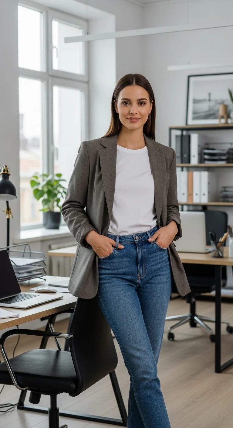 Woman wearing blazer and straight-leg jeans in a modern office showcasing fall business casual outfits for women in 2025