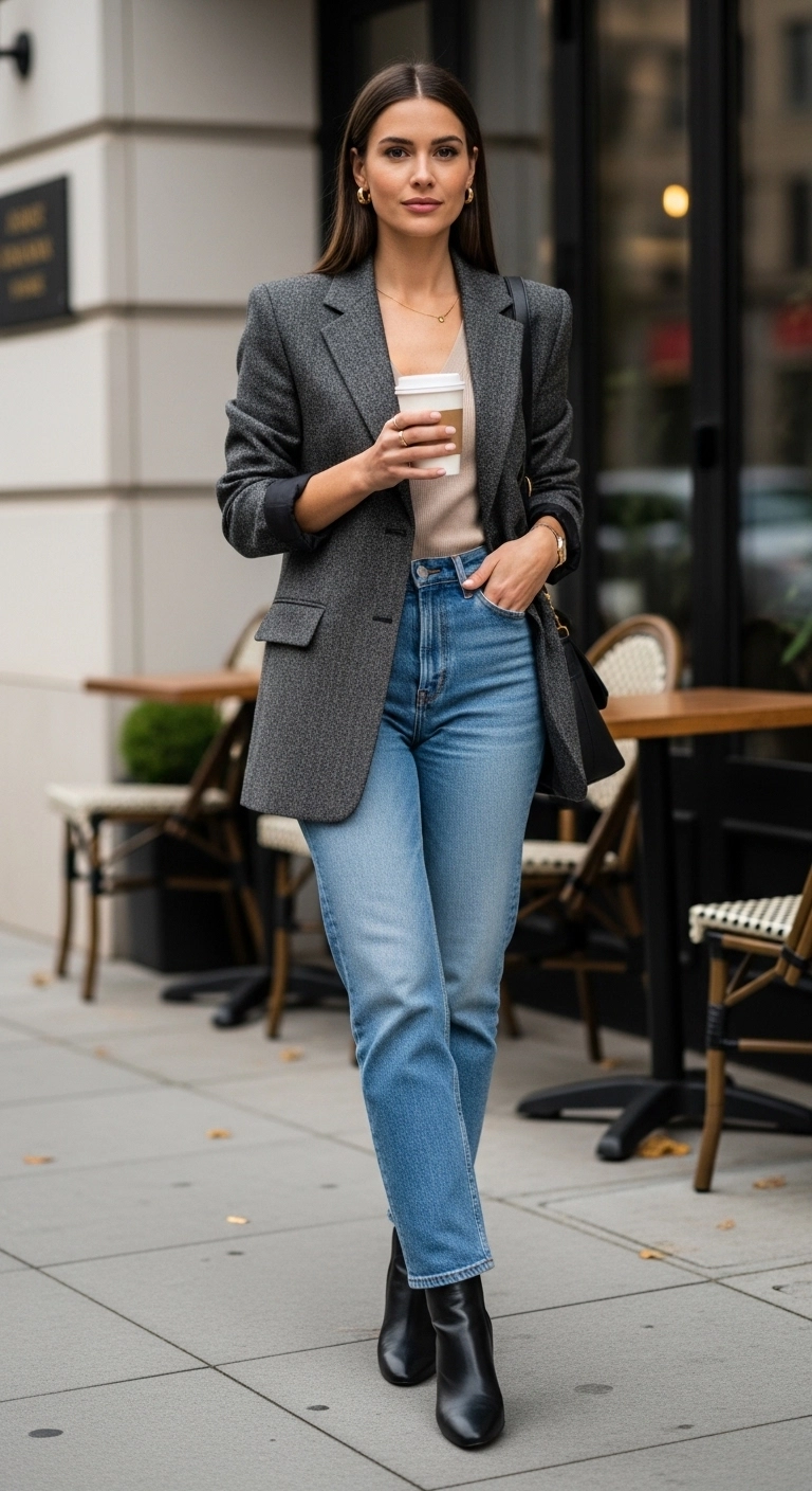 Blazer with jeans styled as warm fall outfits for women in autumn 2026