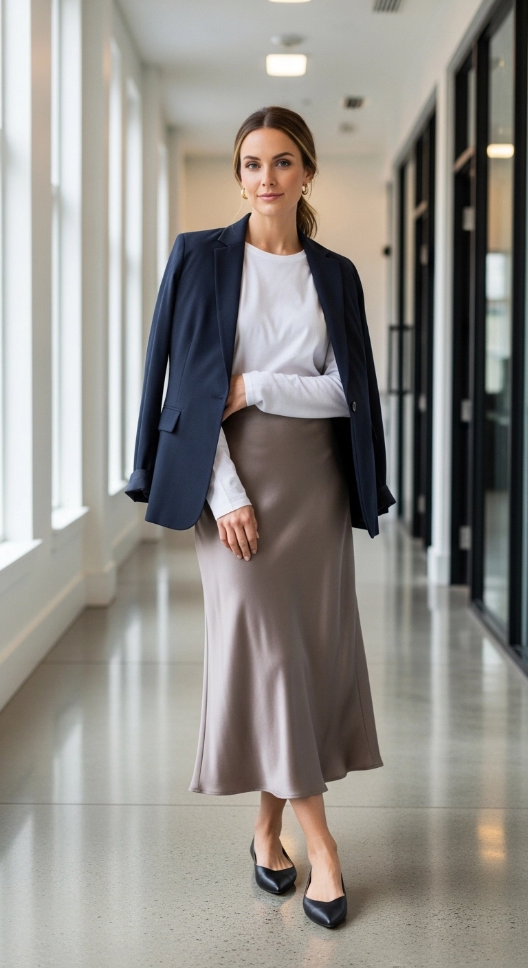 Warm spring outfits for women 2026 with lightweight blazer, long-sleeve tee, and midi skirt