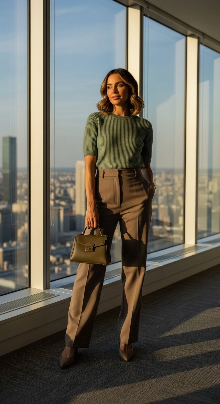 Spring business casual outfits 2026 with soft blouse and tailored cropped pants