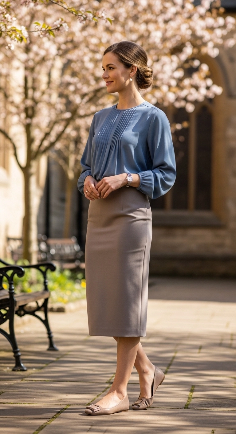 Spring church outfits 2026 with soft blouse and pencil midi skirt