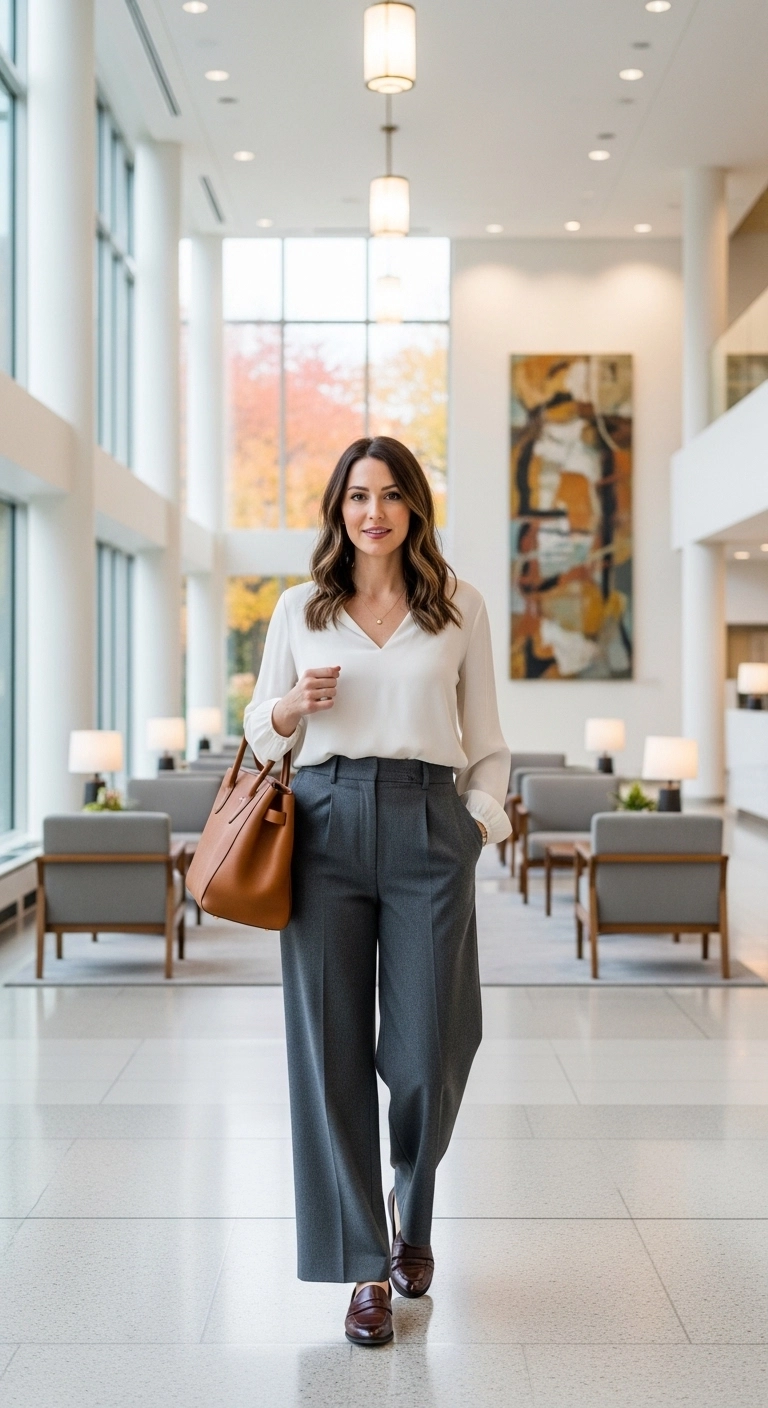 Woman wearing blouse and wide-leg trousers for summer to fall transition outfits for women in 2025.