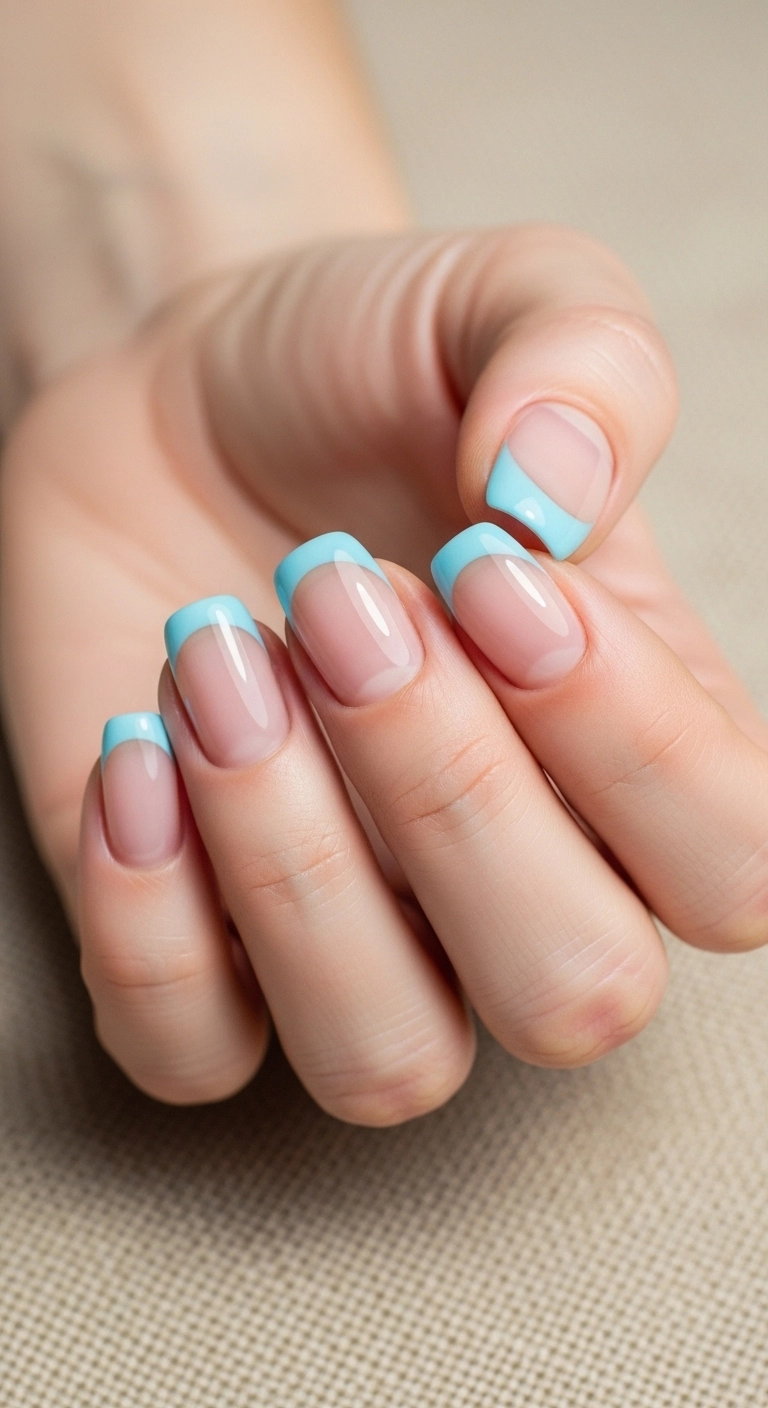 Woman’s hand with pastel blue French tip summer nails.