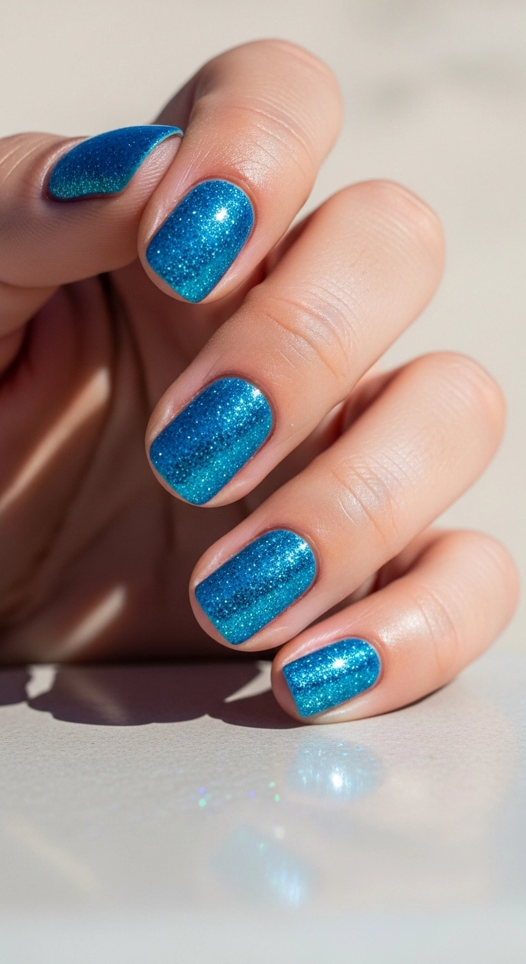 Hand with sparkling blue glitter summer nails in natural lighting.