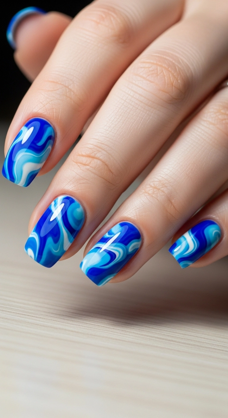 Woman’s hand with blue marble summer nails.