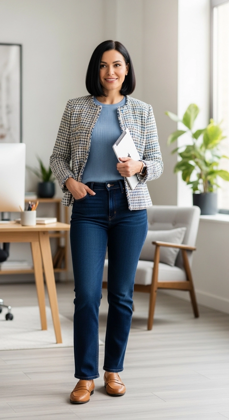 Spring business casual outfits 2026 with blue shirt belted trousers and pointed flats