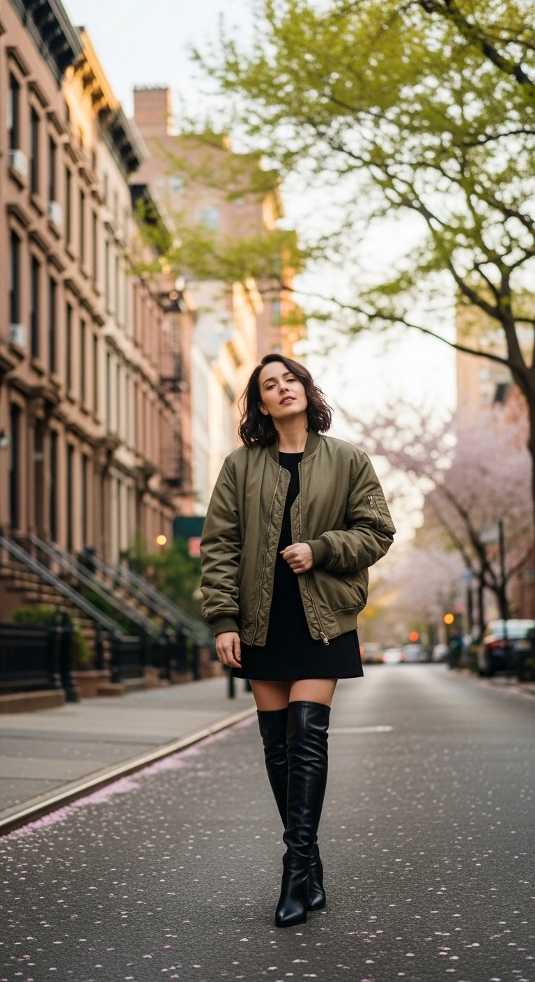 NYC spring outfits 2026 with bomber jacket mini dress and tall boots