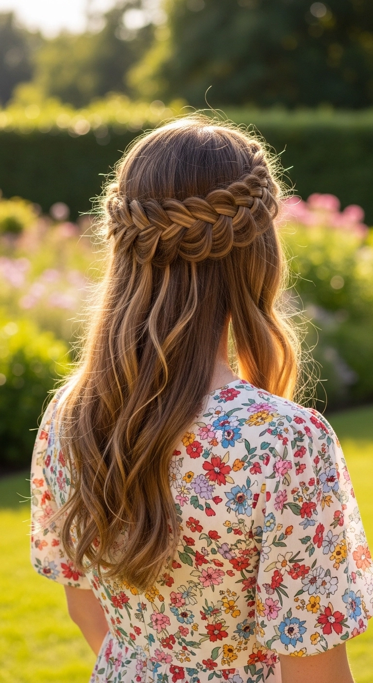 Woman wearing a braided crown hairstyle, an elegant summer hairstyle for long hair at an outdoor event.