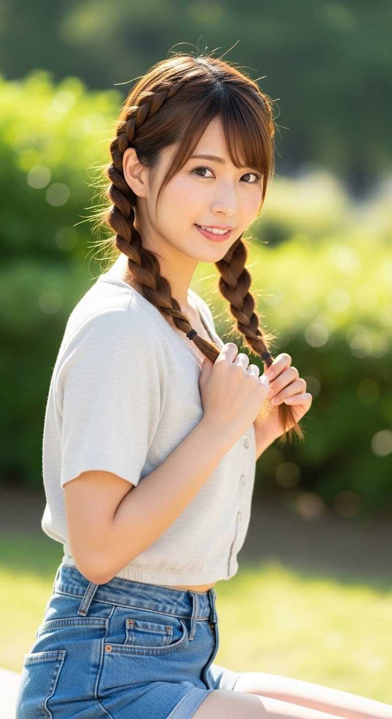 Medium hair braided pigtails, playful and casual summer hairstyle