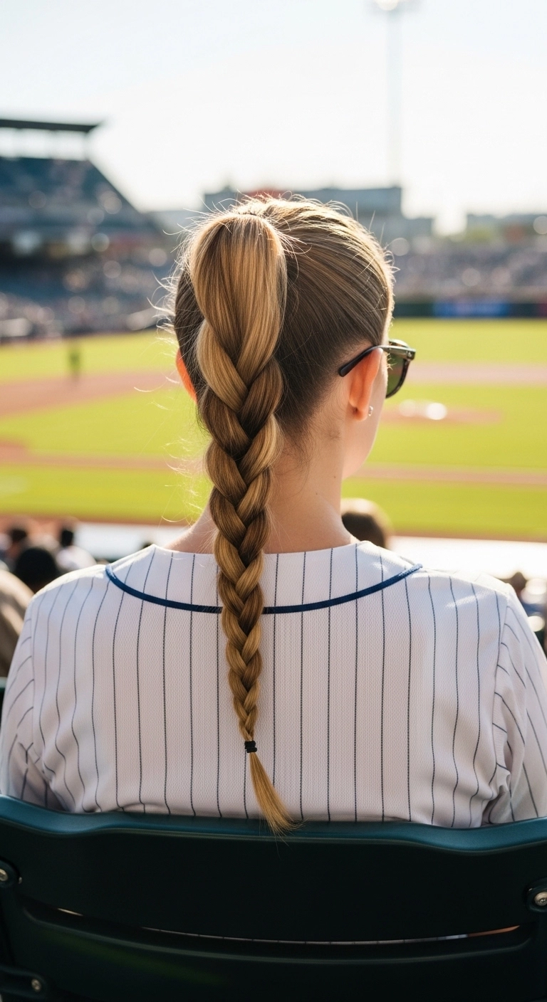 Fan with braided ponytail hairstyle at stadium showing baseball game hairstyles.