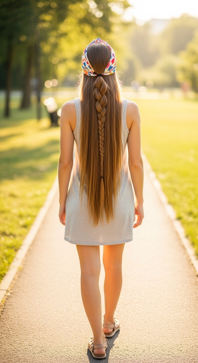 Woman wearing a braided ponytail hairstyle, a practical summer hairstyle for long hair.