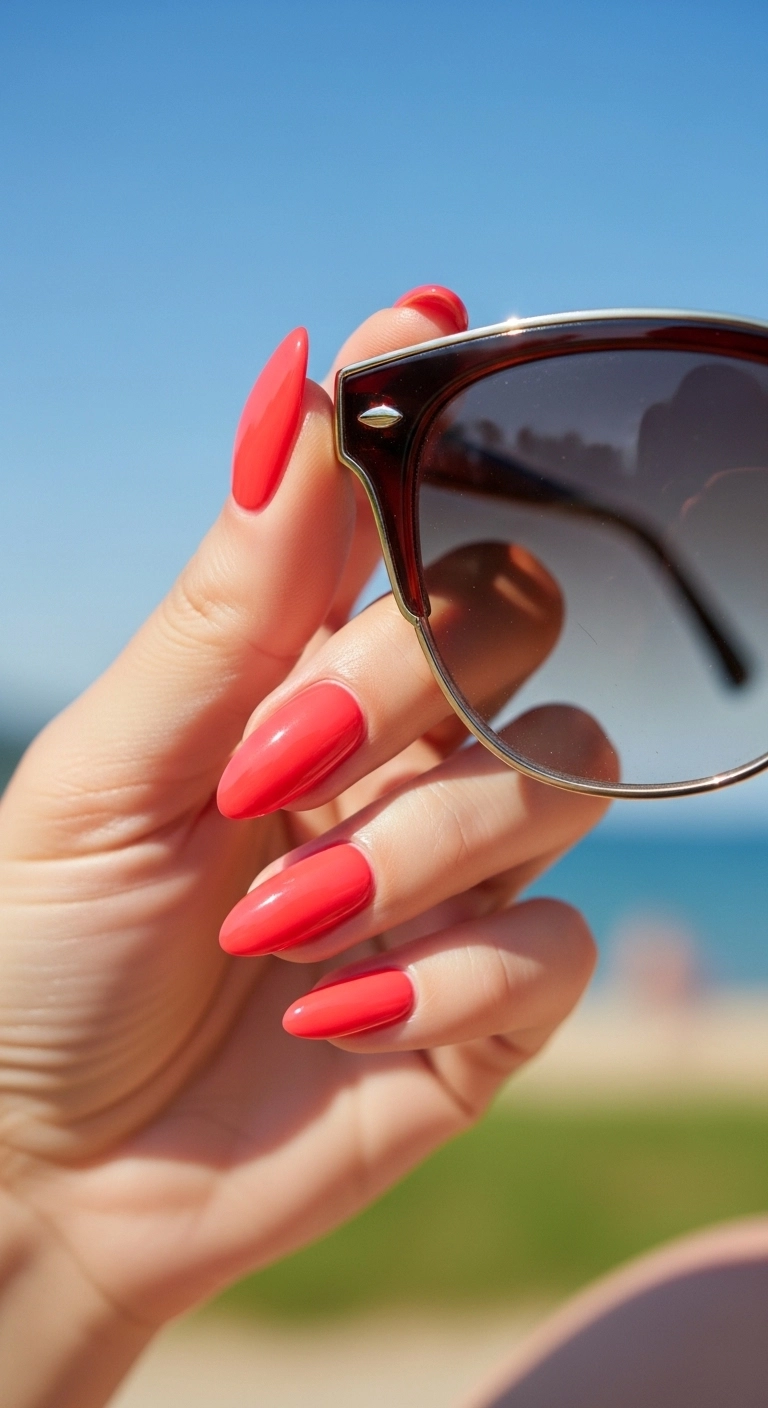 hot summer nails ideas bright coral manicure in sunlight