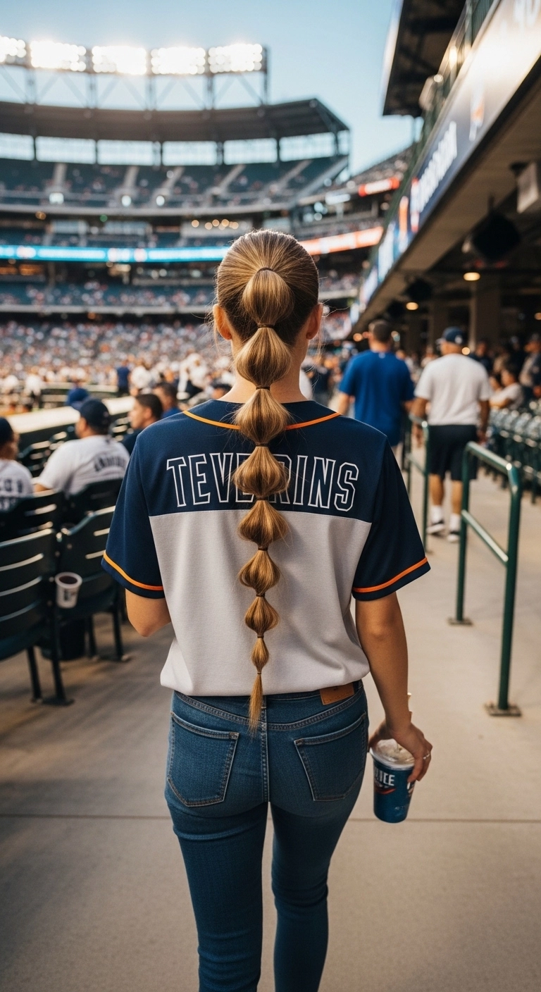 Woman wearing bubble ponytail hairstyle at baseball stadium representing baseball game hairstyles.