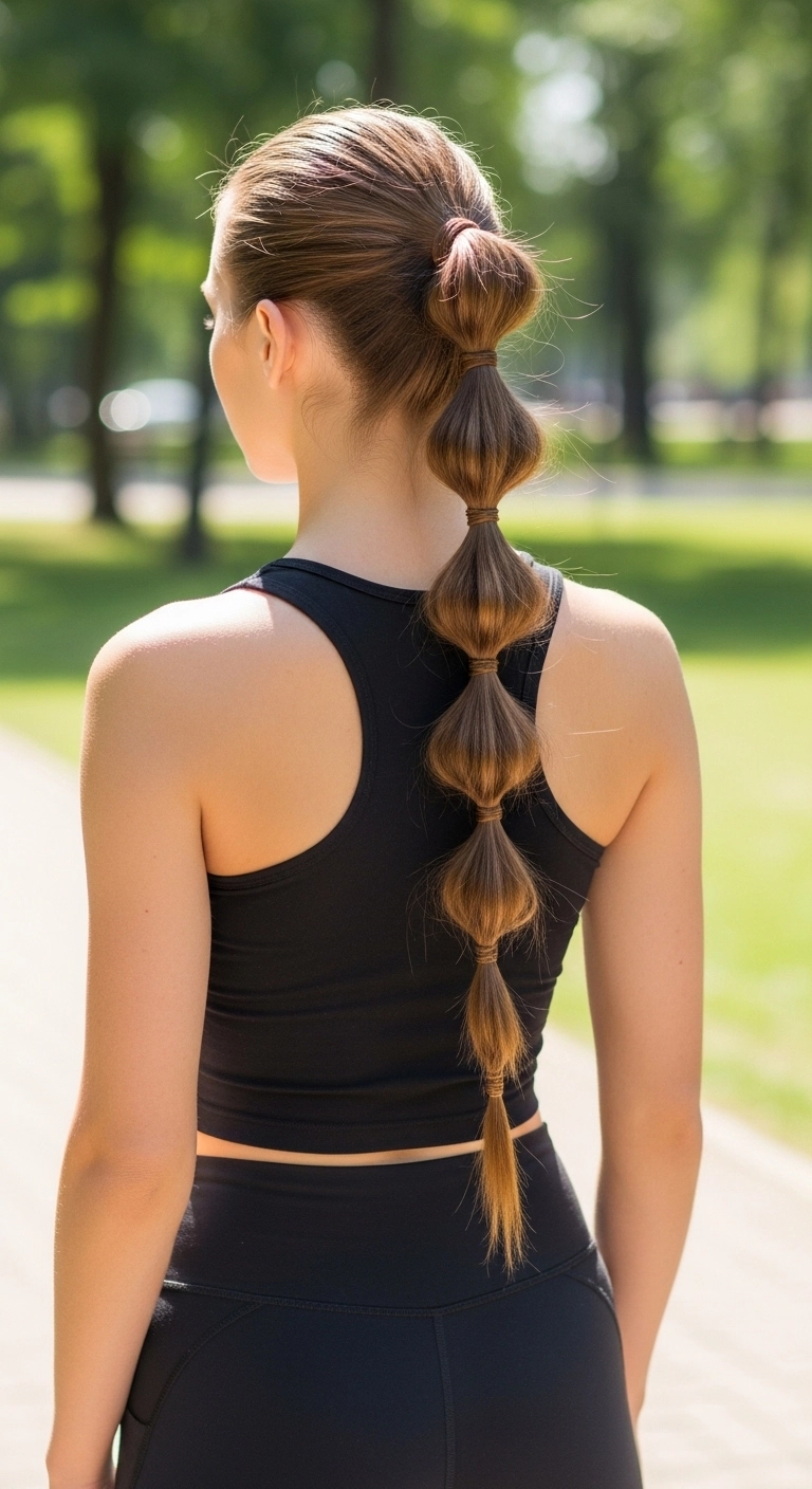 Woman wearing a trendy bubble ponytail hairstyle, a playful summer hairstyle for long hair.