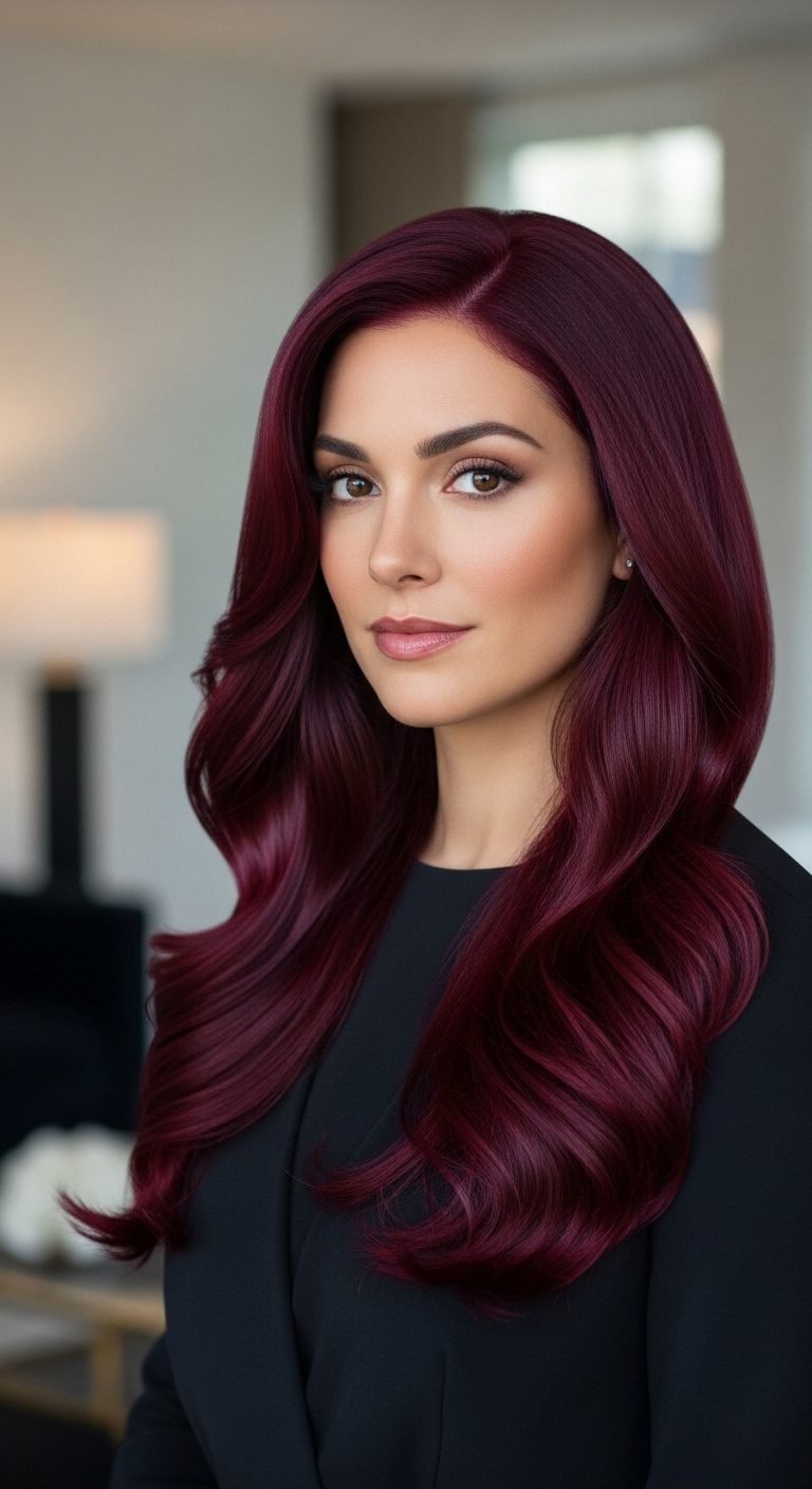 Woman with dark burgundy hairstyle showing elegant Red Hair Color Ideas with deep red tones.