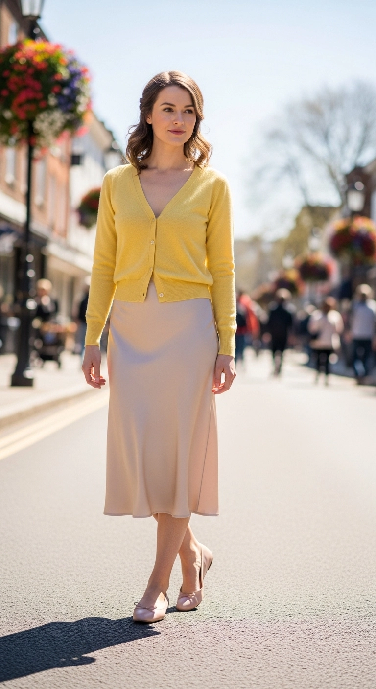 Spring outfits with skirts 2026 with butter yellow cardigan slip skirt and ballet flats