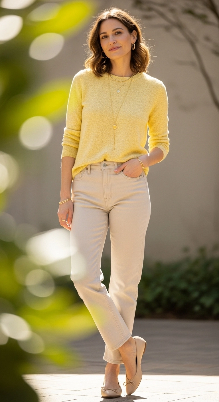 Light spring outfits 2026 with butter yellow knit top and ecru jeans